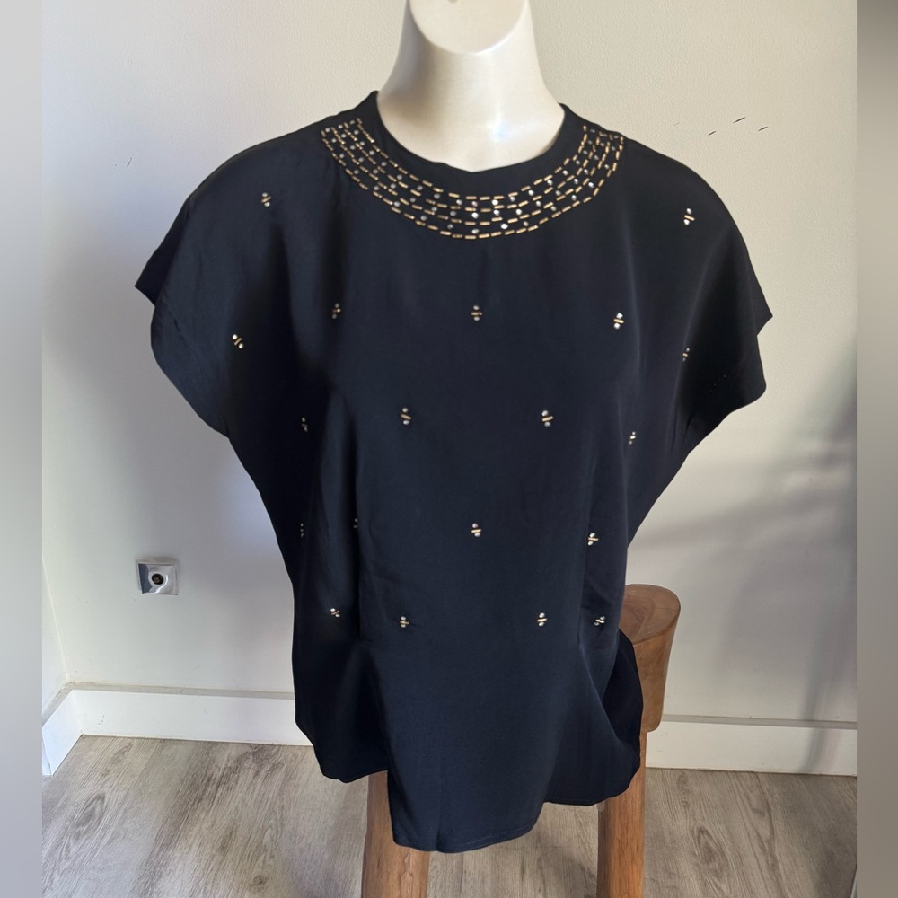 Vintage 1940’s - 50’s Silky Black Bias Cut Short Sleeve Blouse w Rhinestones MED - Picture 2 of 10
